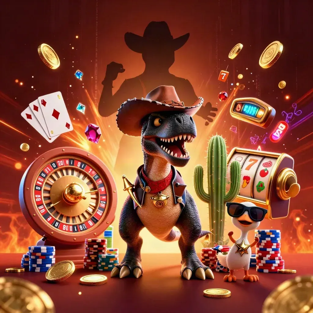 Cowboy T-Rex trio with roulette wheel, chips, coins, and neon casino effects on dark crimson background.