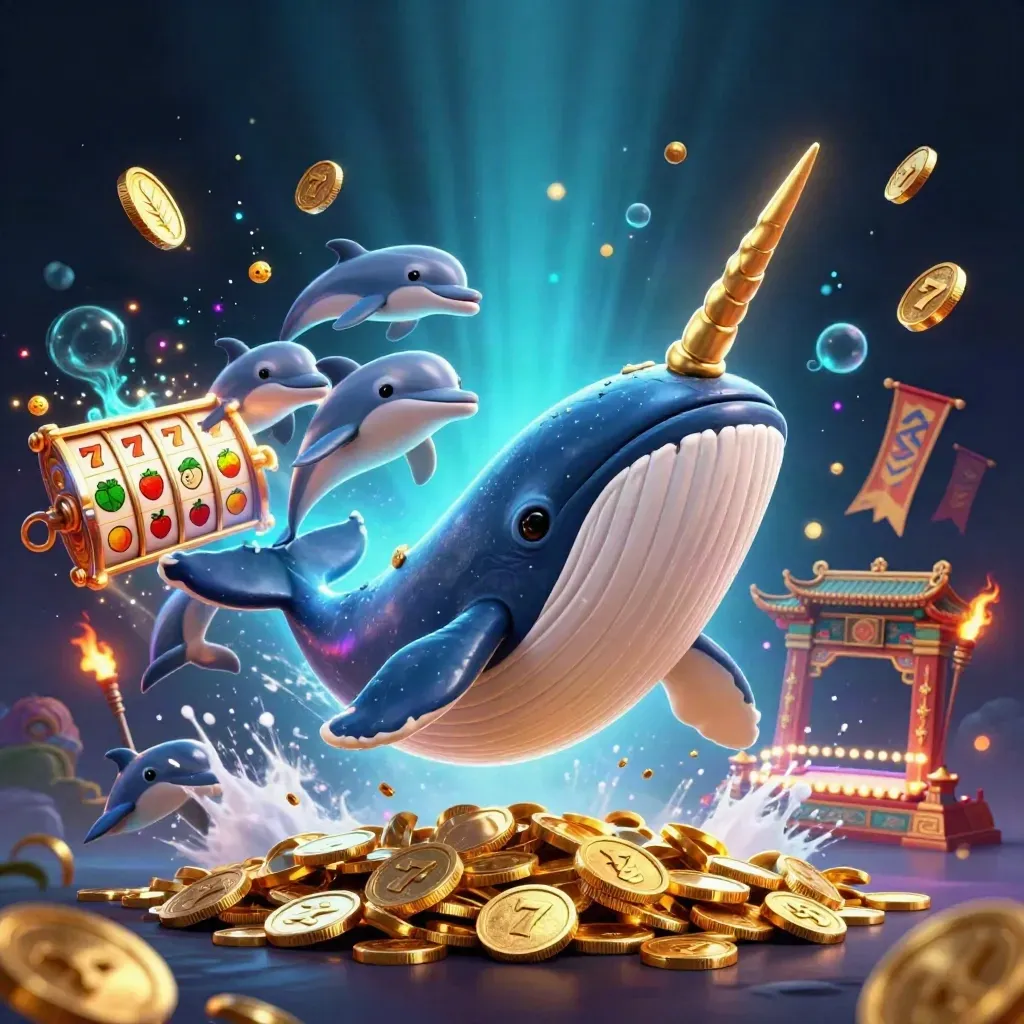 Whale captain, narwhal, and dolphins bursting through coins with glowing casino effects