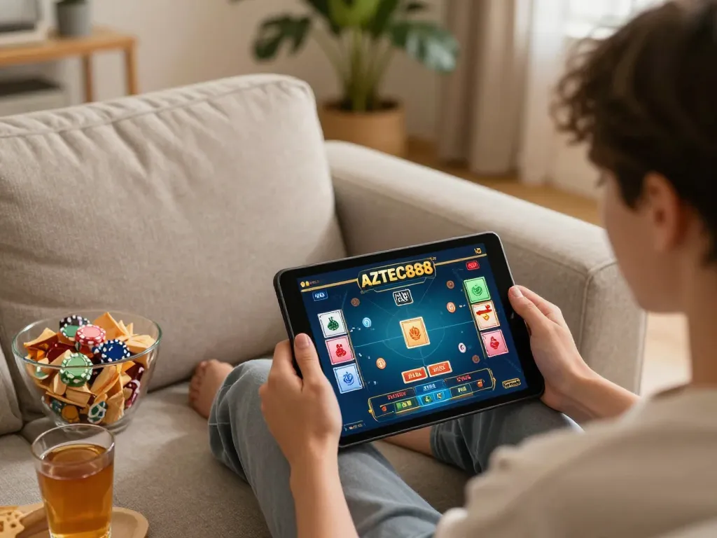 Engaging in AZTEC888 online gaming while enjoying a cozy home atmosphere