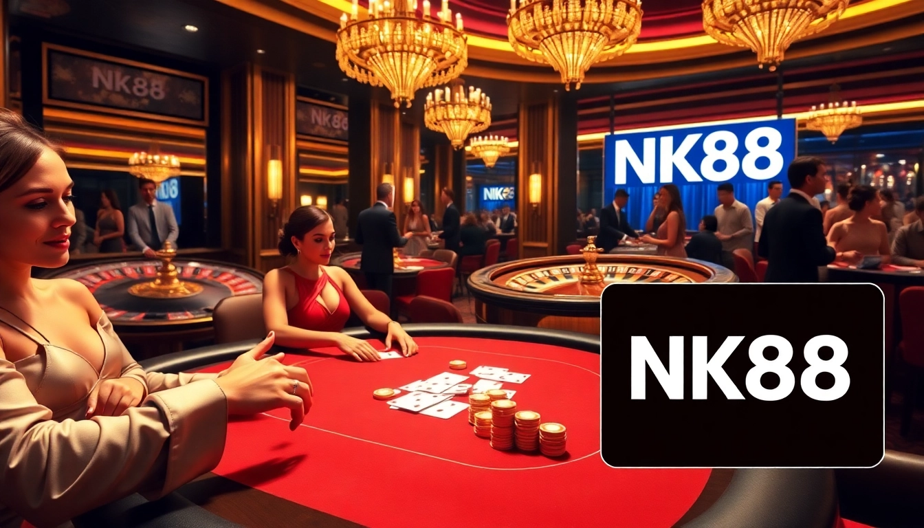 Engaging scene of gamblers at NK88 poker table, showcasing excitement and luxury in a casino.