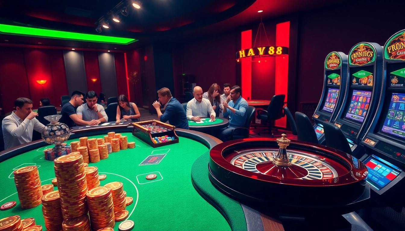 Play exciting games at HAY88's luxurious casino, featuring roulette and poker tables.