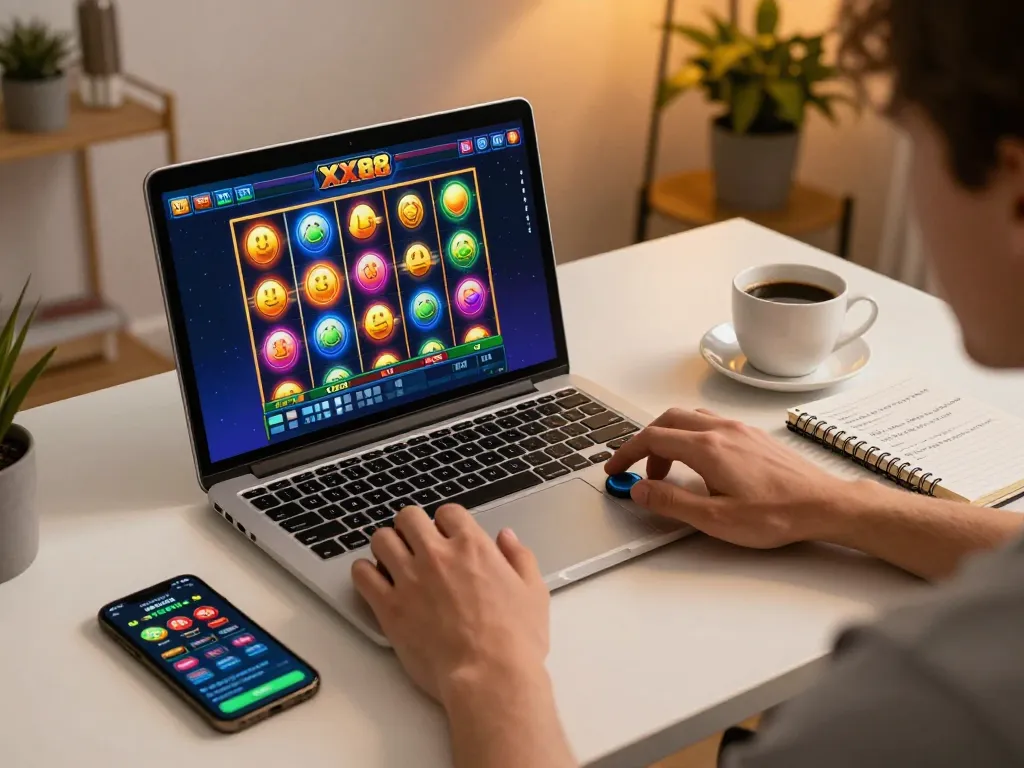 Engaging gameplay on XX88 casino slot machine with vibrant colors and excited player interaction.