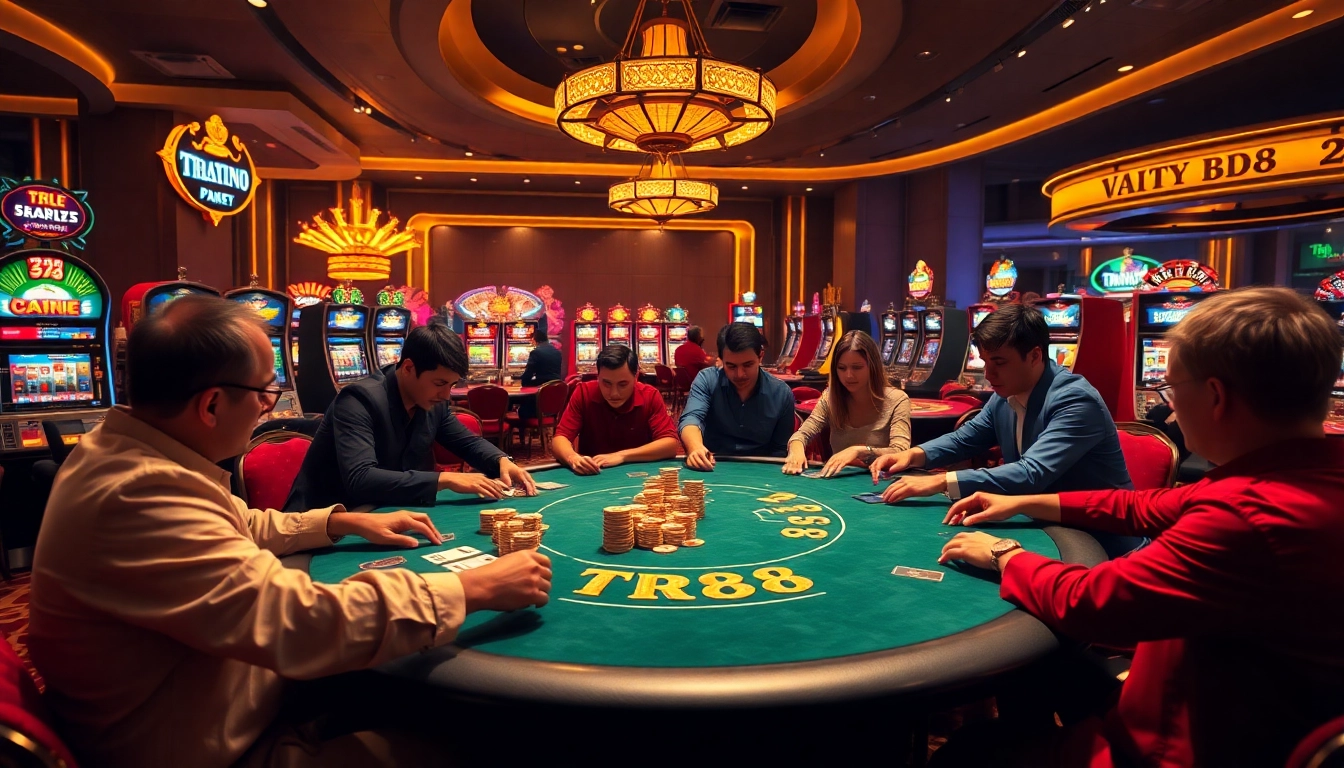 TR88 casino players celebrate a winning hand at an elegant poker table in a vibrant setting.