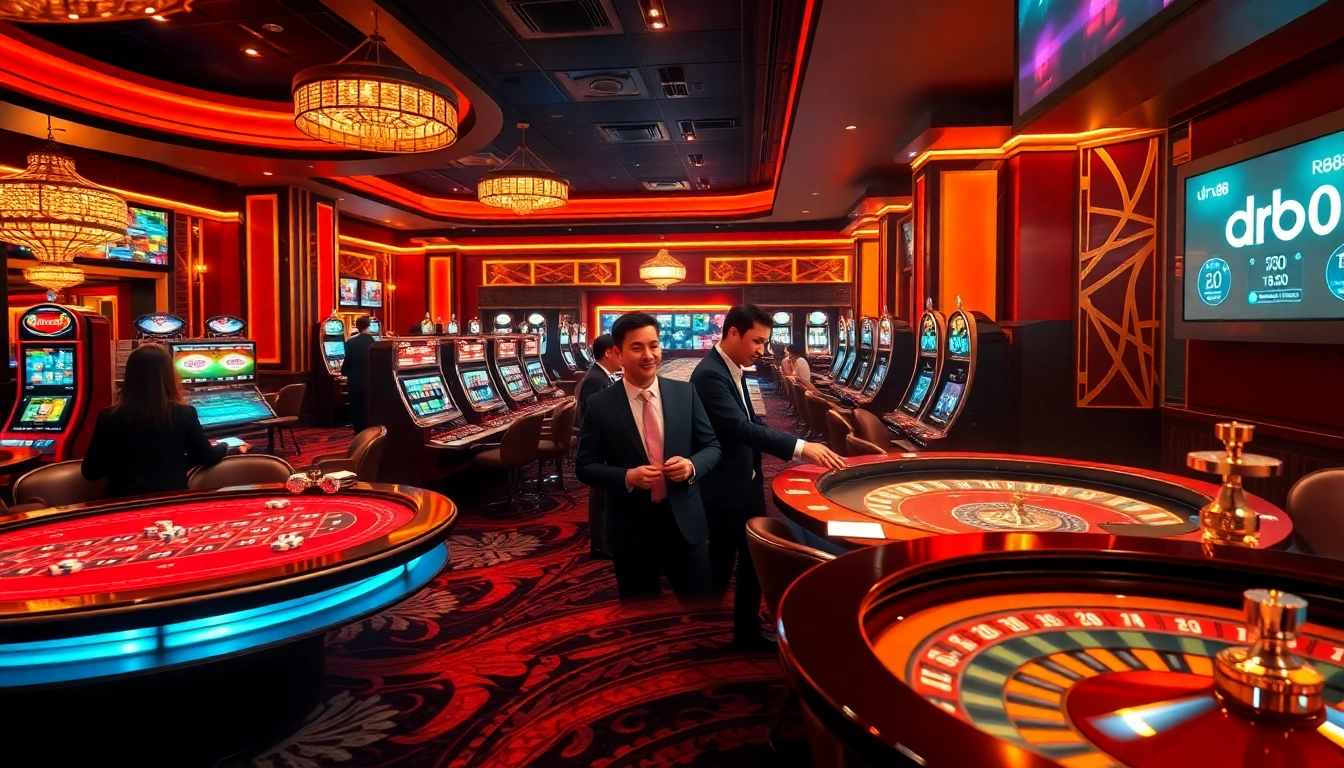 Experience the thrill of gambling at DR88, featuring vibrant slot machines, poker games, and dynamic dealers.