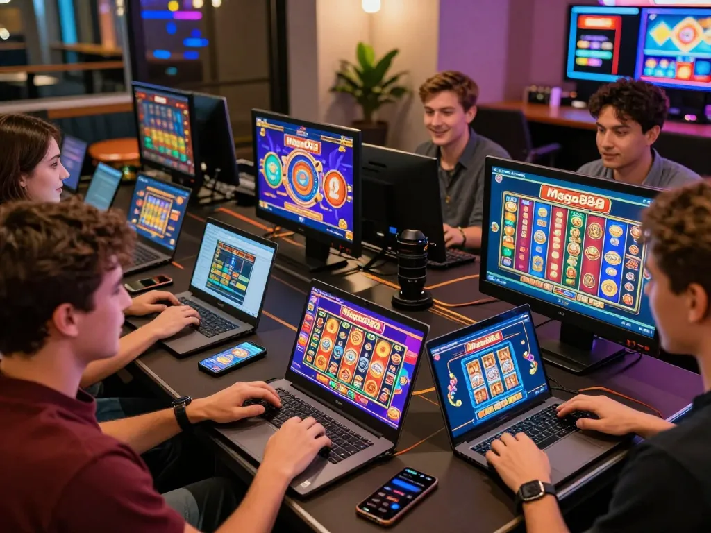 Players enjoying free credit mega888 while engaging in exciting games at a modern gaming lounge.