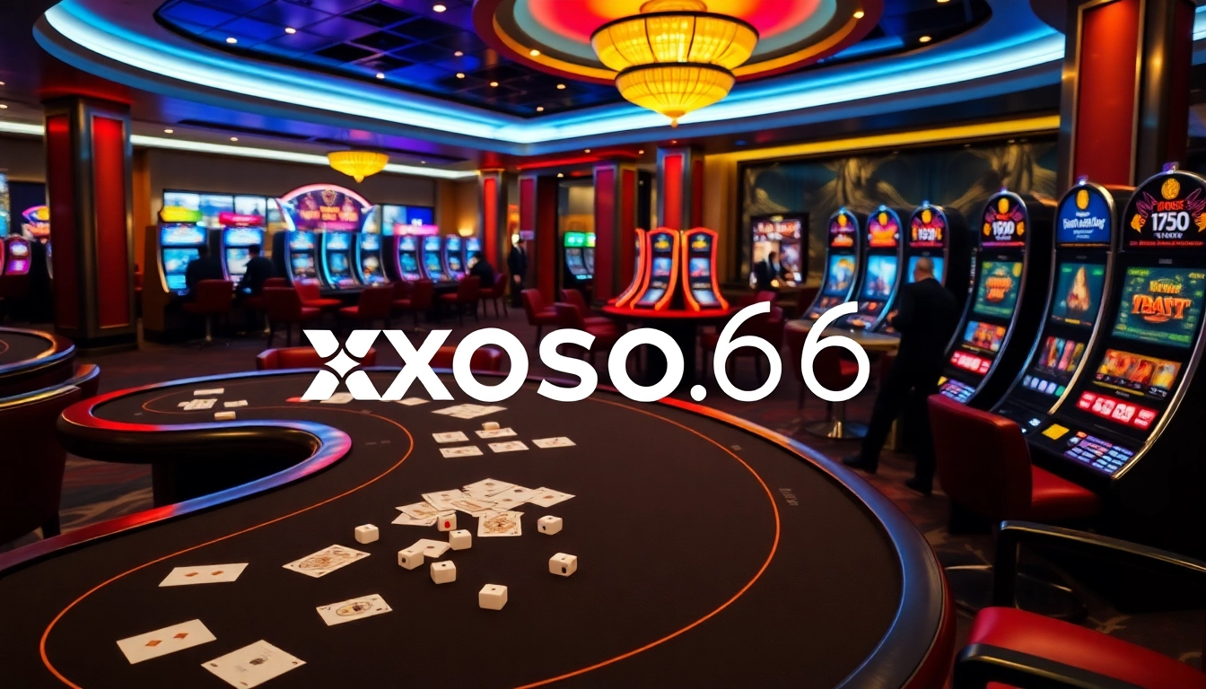 Action-packed gaming environment featuring xoso66’s online gambling experience with tables and slot machines.