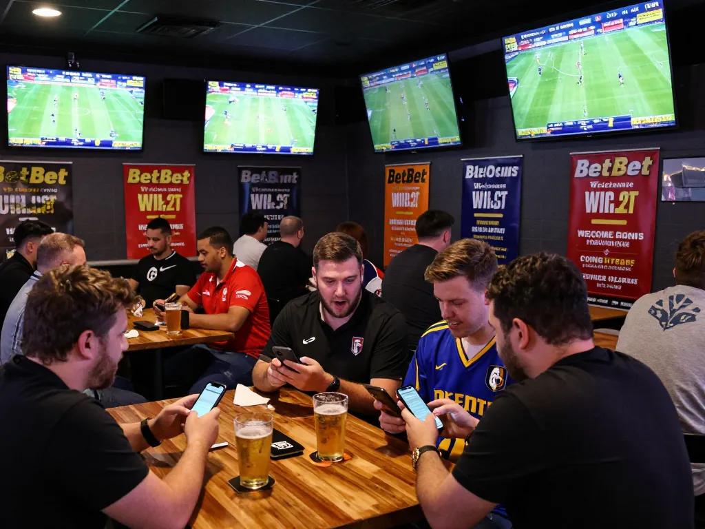 Thrilled sports fans at BetBet engaging in live betting at a vibrant sports bar