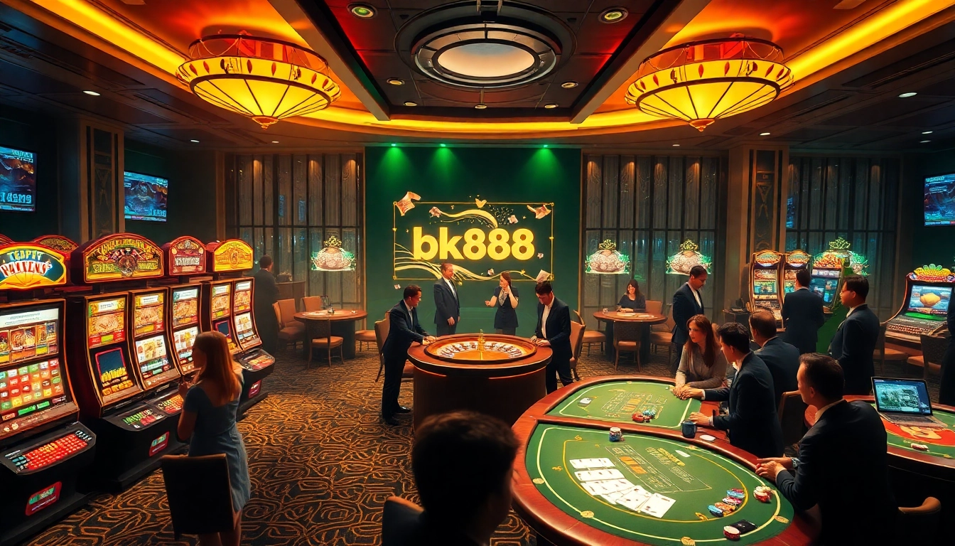 Experience bk888 excitement at a sleek online casino with vibrant slot machines and poker tables.