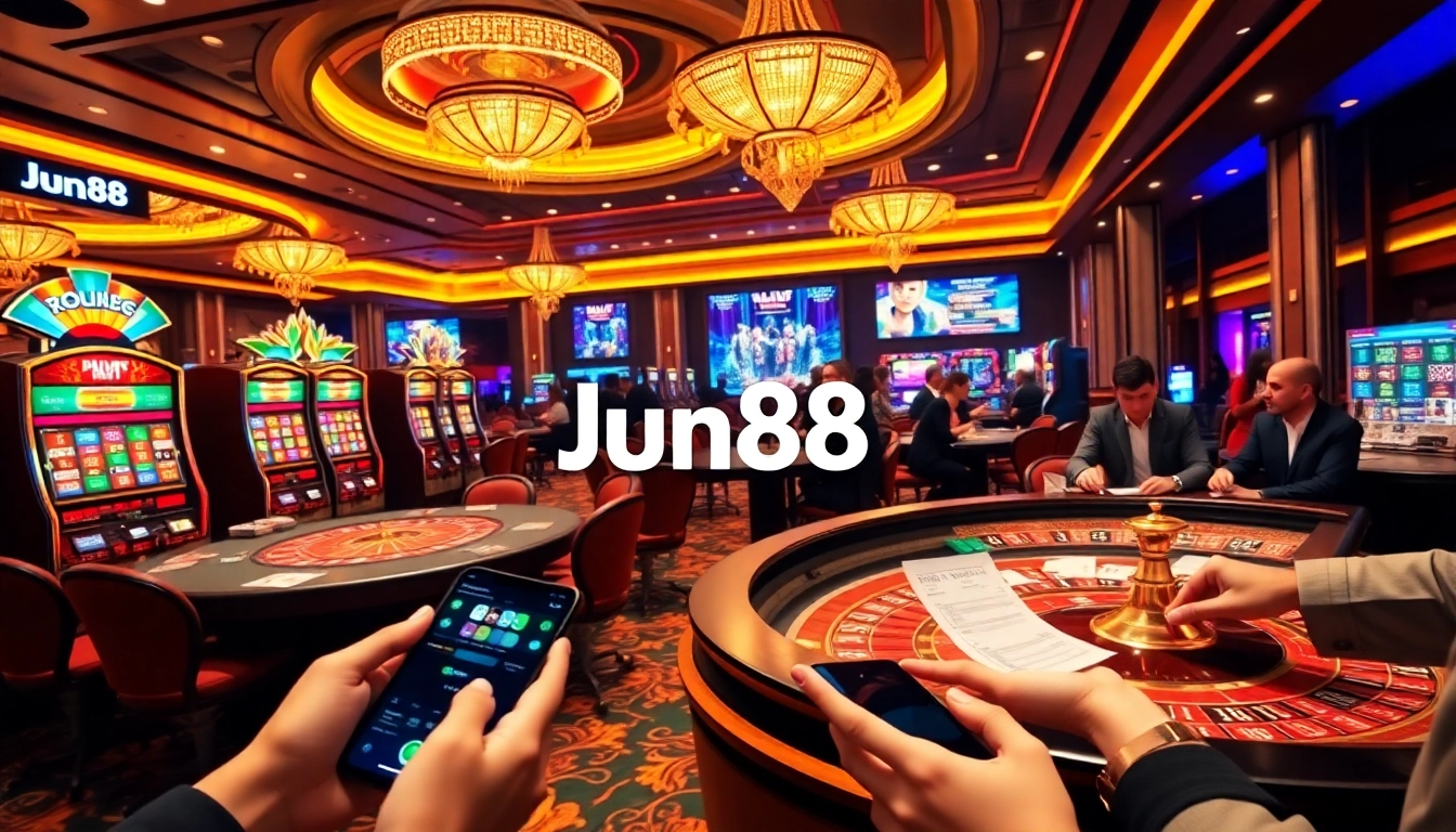 Experience excitement at Jun88 with vibrant casino games, players, and luxurious gambling atmosphere.