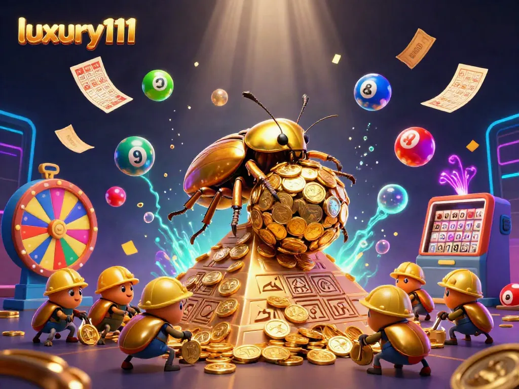 Experience the excitement of luxury111 with vibrant lottery balls and golden coins in a dynamic casino scene.