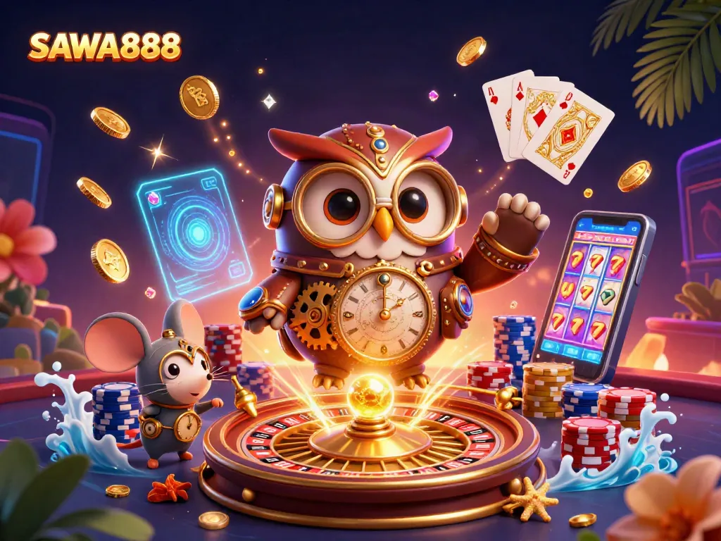 Experience thrilling gameplay with SAWA888 in this vibrant casino scene blending tradition and futurism.