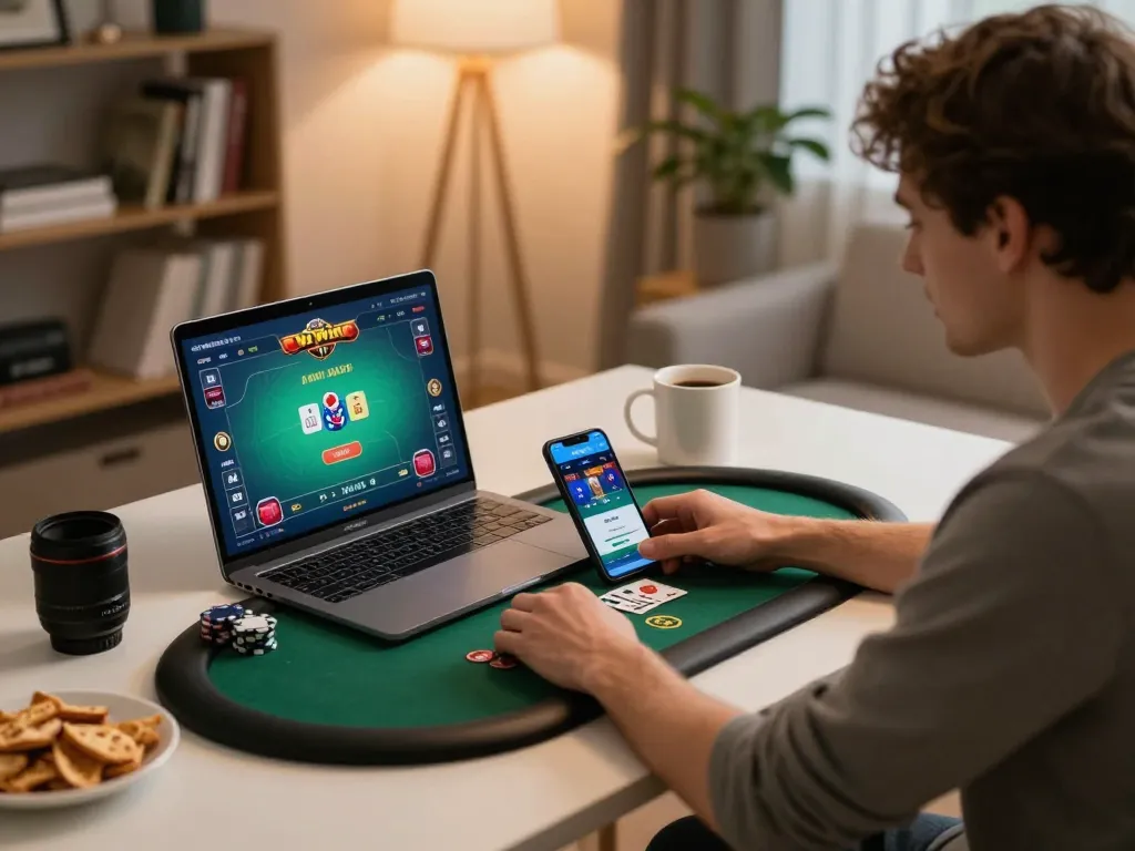 Engaged user enjoying a vipwin online casino poker game in a cozy home setup