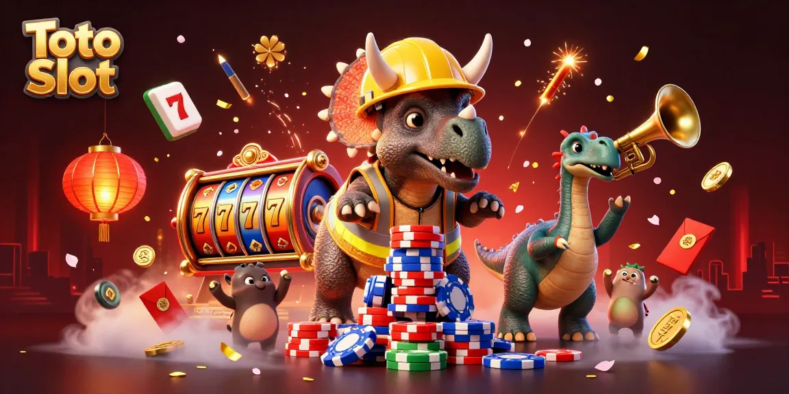 Experience the excitement of Toto Slot with a joyful triceratops and festive casino elements.