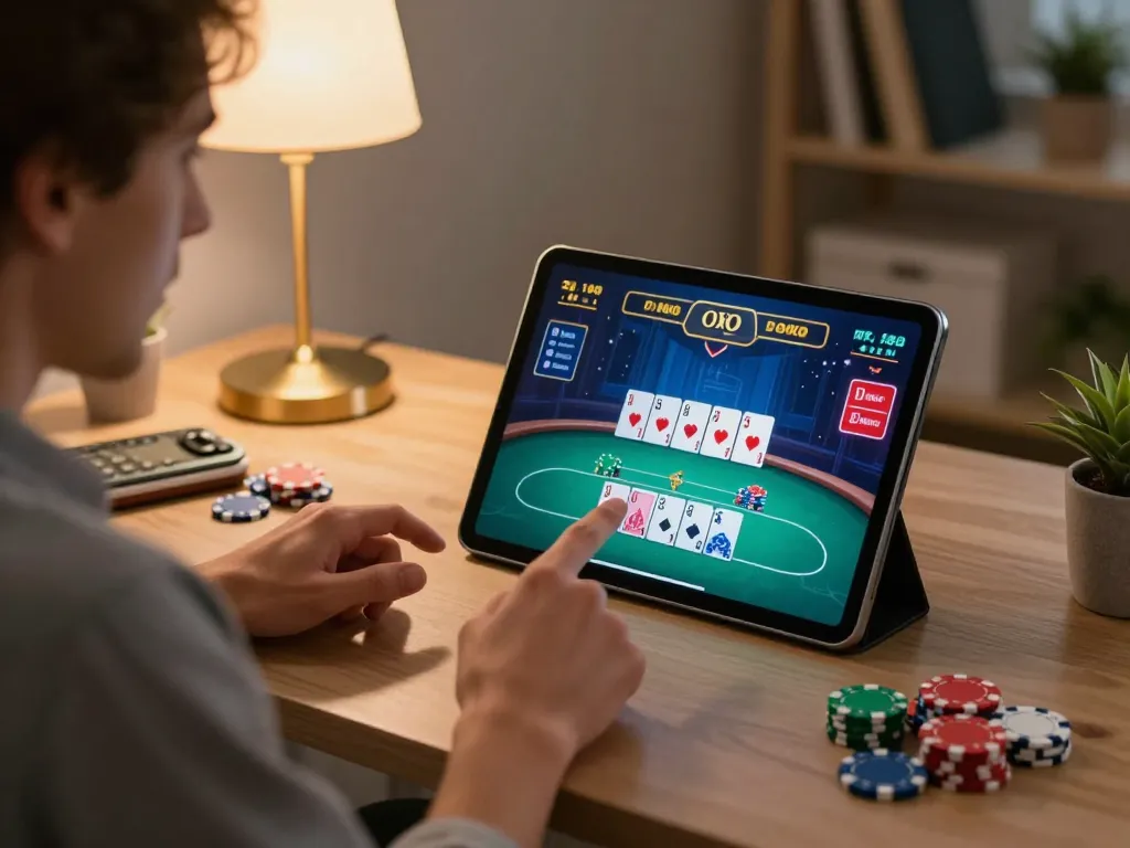 Engaging online poker gameplay at home on 8xbet tablet, highlighting strategic moments and cozy atmosphere