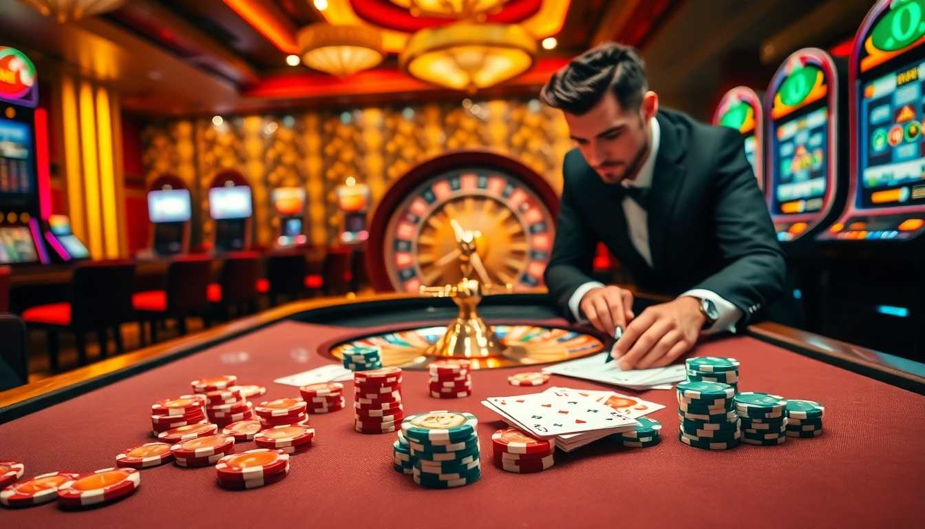 Engaging gambling atmosphere featuring ee88e with poker chips and roulette wheel in a vibrant casino.