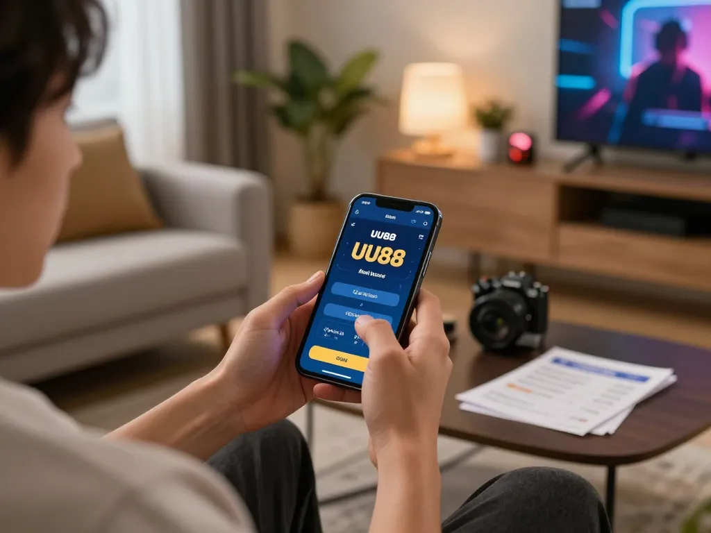 Engaging with the UU88 bet app for exciting mobile gambling on a stylish couch.