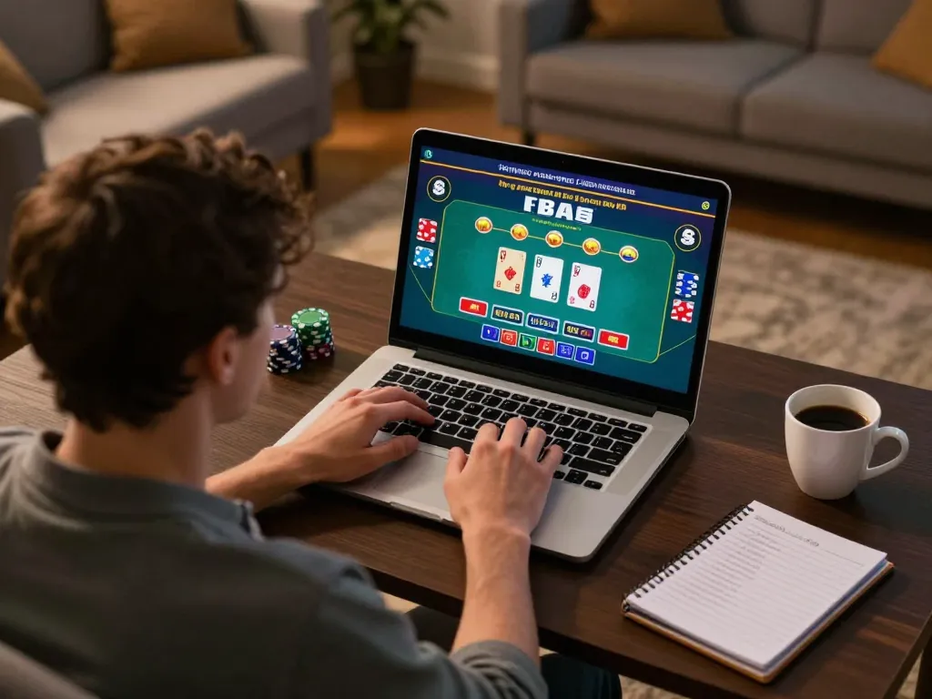 Engaged player using sunwin for mindful online gambling strategy in a cozy home setting.