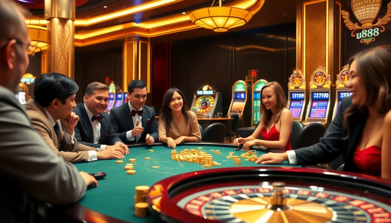 Exciting gambling scene at u888 with luxurious casino tables and vibrant slot machines