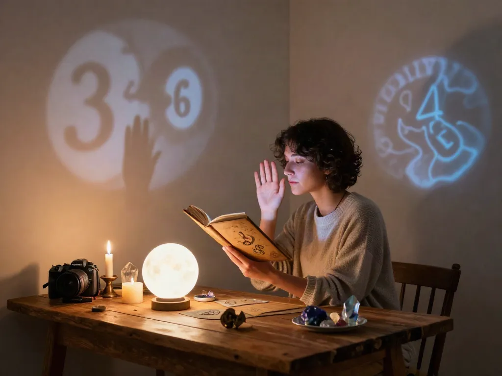 Seorang pengguna mengeksplorasi makna bukumimpi138 di meja kayu dengan lilin dan kristal.