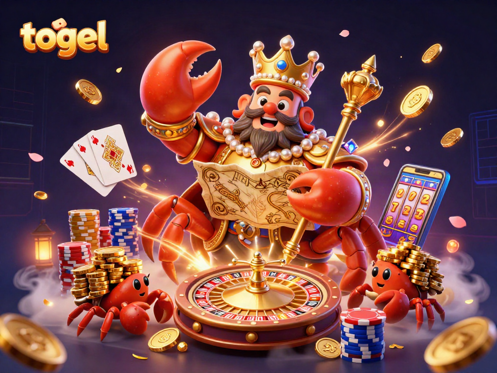 Togel players betting with a golden crab emperor amidst coins and card games.