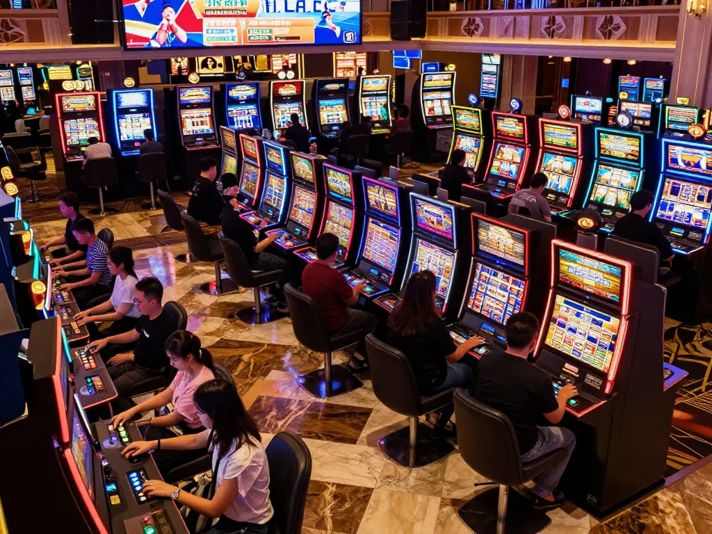 Players celebrating wins at vibrant situs slot machines, showcasing excitement at a lively casino.