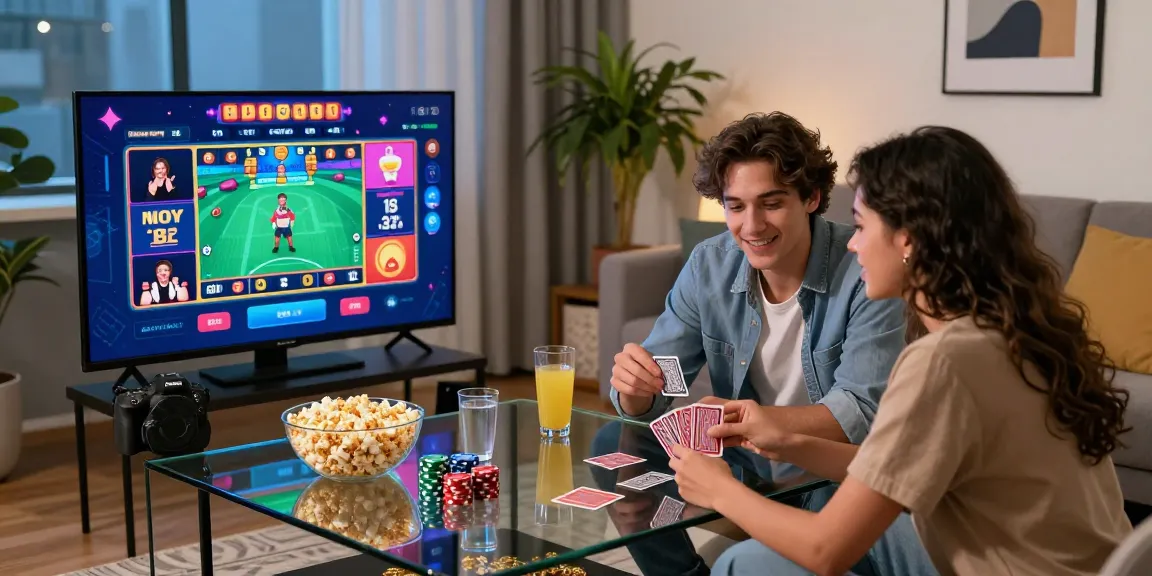 Home gaming scene with online casinos that accept credit cards, showcasing a couple enjoying card games and snacks.