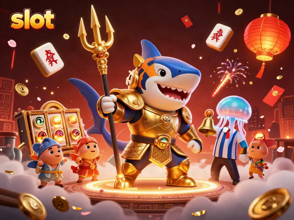 Putaran slot yang dinamis dalam ilustrasi kasino dengan ikan kecil berpakaian toga.