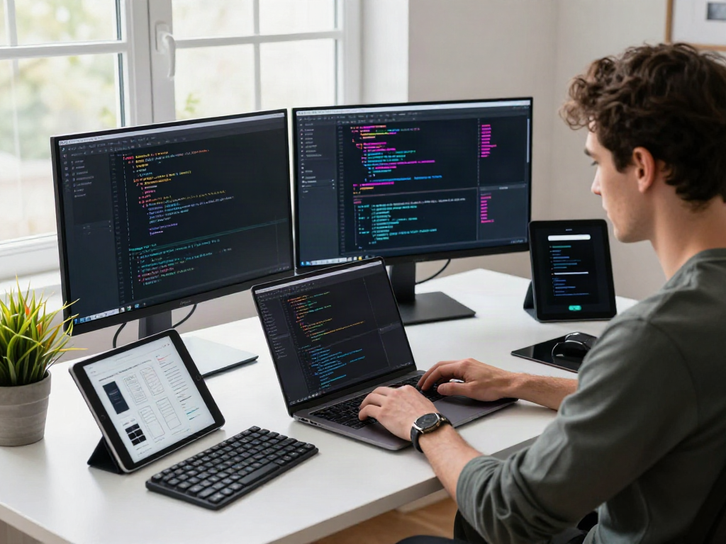 Developer coding at a dynamic workspace, showcasing the essence of modern tech with a focus on the keyword a80.