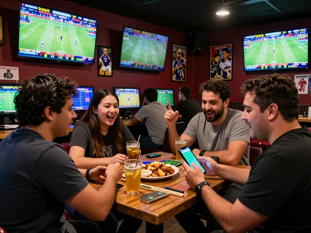 Engaging sports betting scene at kebet.br.com with friends discussing strategies and placing bets.
