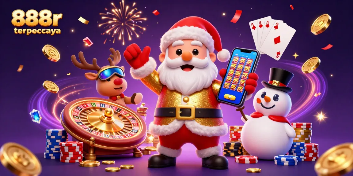 Engage with 888r terpercaya showcasing a fun casino scene with Santa, a reindeer dealer, and snowman playing games.