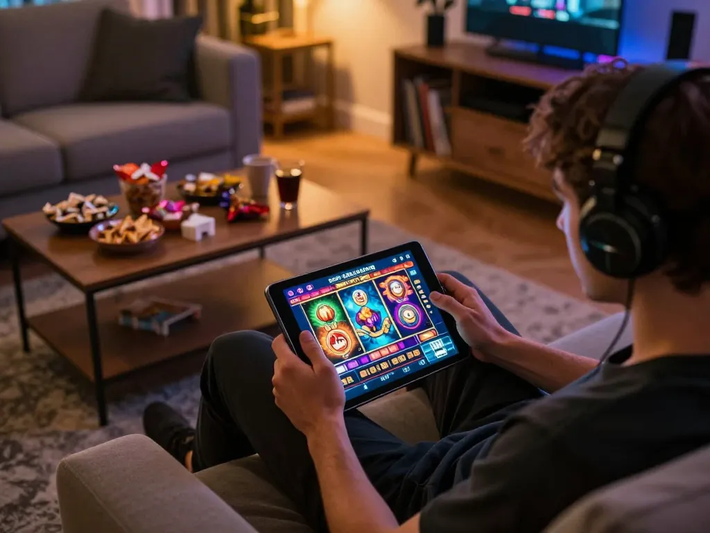 Player enjoying an exciting slot online experience on a tablet in a cozy living room