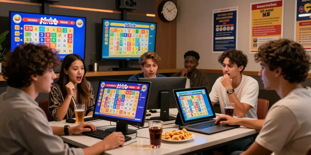 Suasana bermain rajatogel online dengan pemain bersemangat memeriksa hasil lotere.