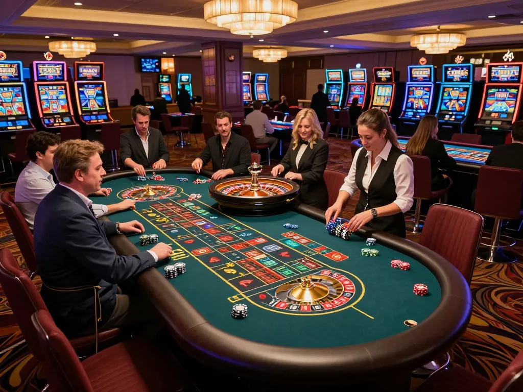 Experience the excitement of MM99 Đăng Nhập at a lively casino floor with players enjoying roulette.