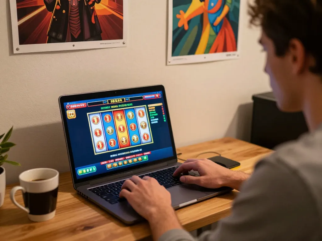 Enjoying slots at 888newcasino on a sleek laptop in a stylish home office