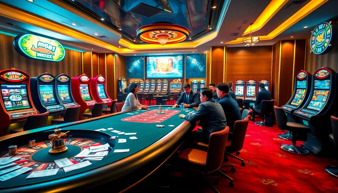 Action-packed poker game at nk88 casino with vibrant slot machines and roulette wheel.