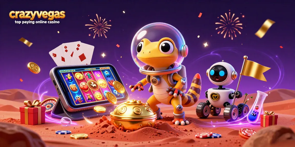 Experience excitement at crazyvegas top paying online casino with a vibrant Martian scene full of slots and festive elements.