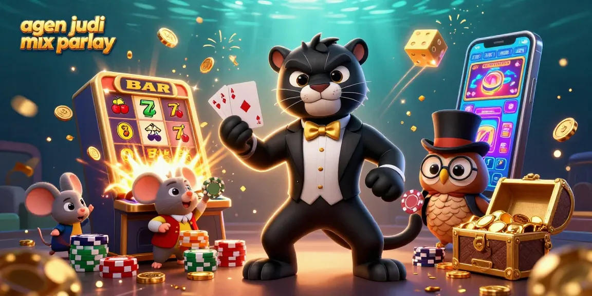 Engage with the agen judi mix parlay scene featuring a stylish black panther, an owl, and a mouse in a lively casino.