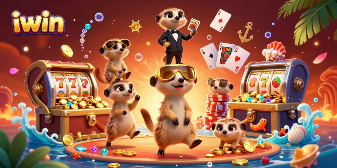 Win big with iwin's vibrant casino scene featuring meerkats amidst thrilling slot games.
