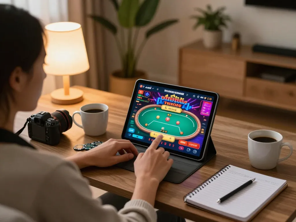 fly88 user engaging in responsible online gaming with a tablet in a cozy living room