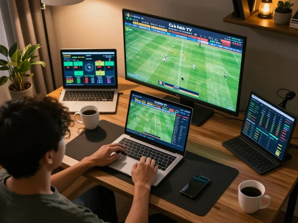 Cà Khịa TV providing vibrant live sports betting experience with multiple screens illuminating betting setup.