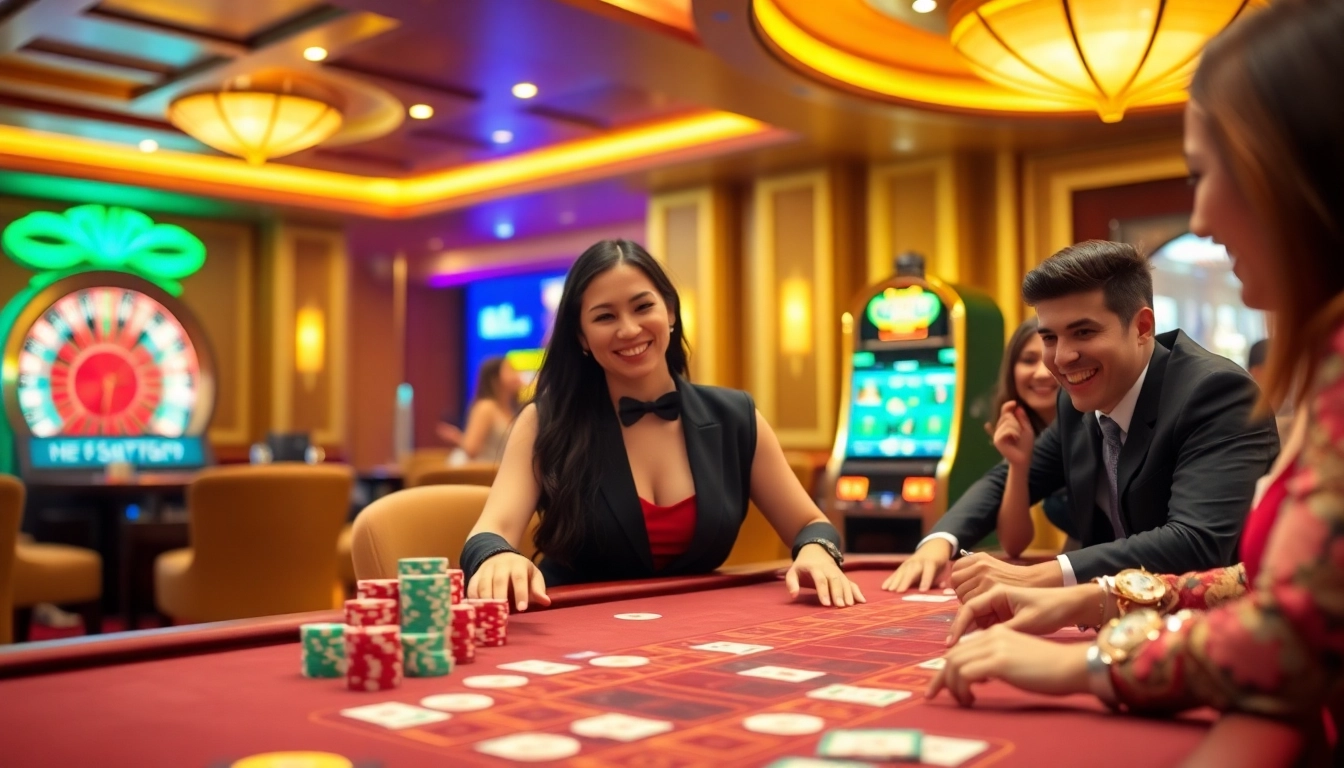 A group of players enjoying a thrilling game at 68VIP casino with vibrant poker chips and roulette wheel.