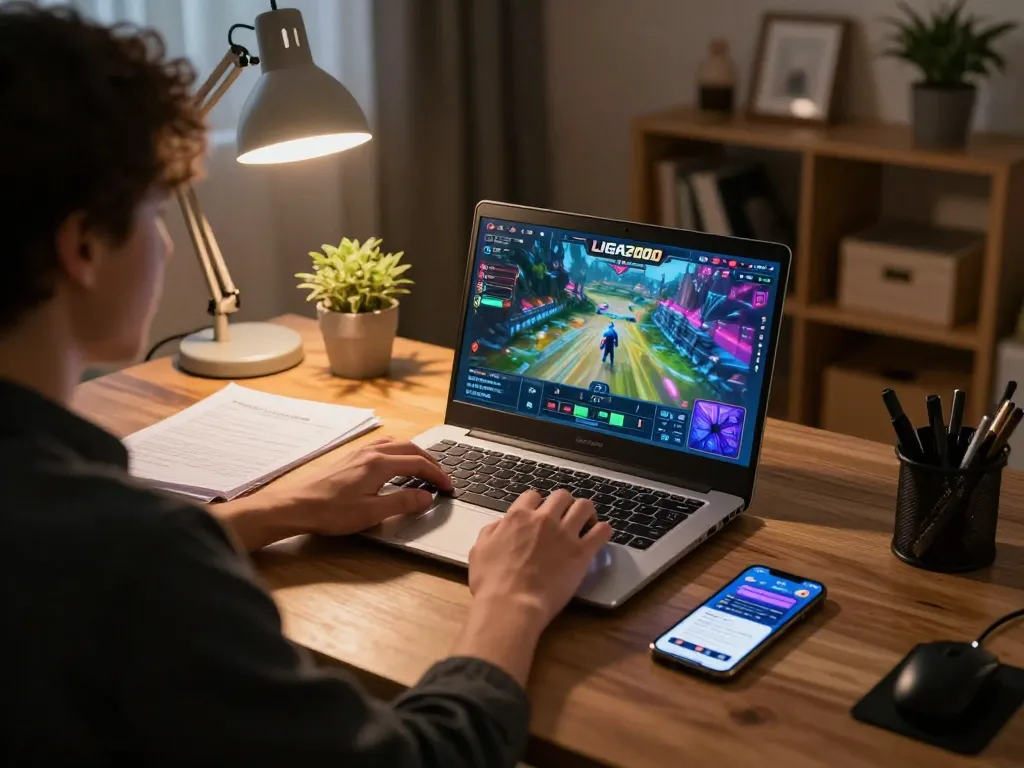 LIGA2000 gameplay displayed on a laptop in a cozy home office setting, highlighting strategic gaming preparation.