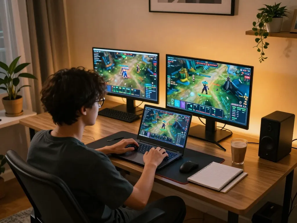 Engaging player enjoying kdslot on laptop with gaming strategy notes beside them.
