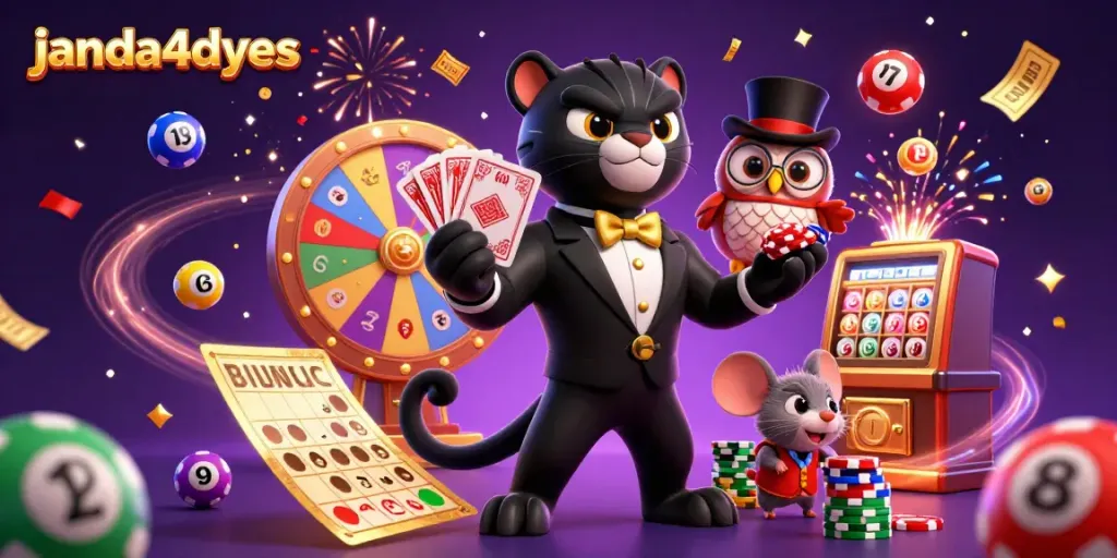 JANDA4DYES menghadirkan suasana meriah dengan panther menimbang keberuntungan dan owl bersama mouse.