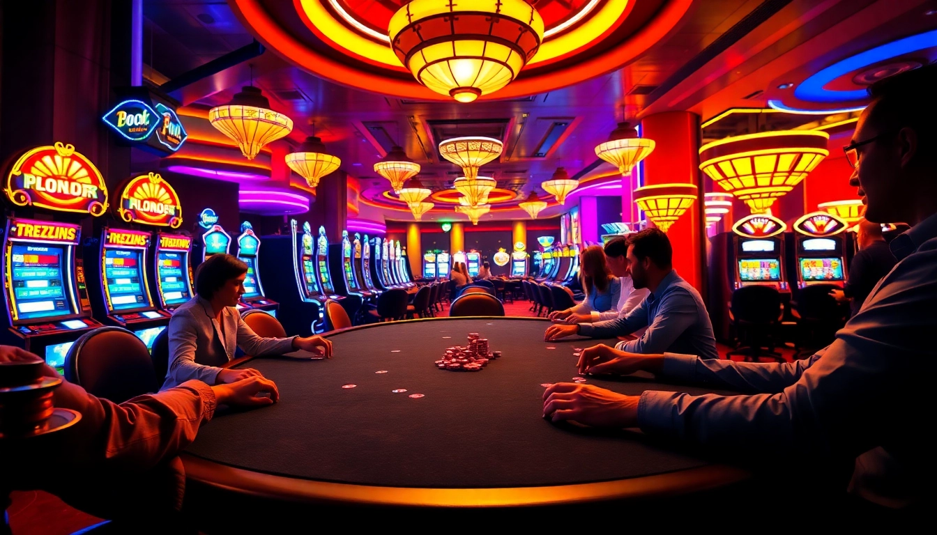 Experience Nezha เล่นผ่านมือถือ with a vibrant casino atmosphere featuring poker tables and slot machines.