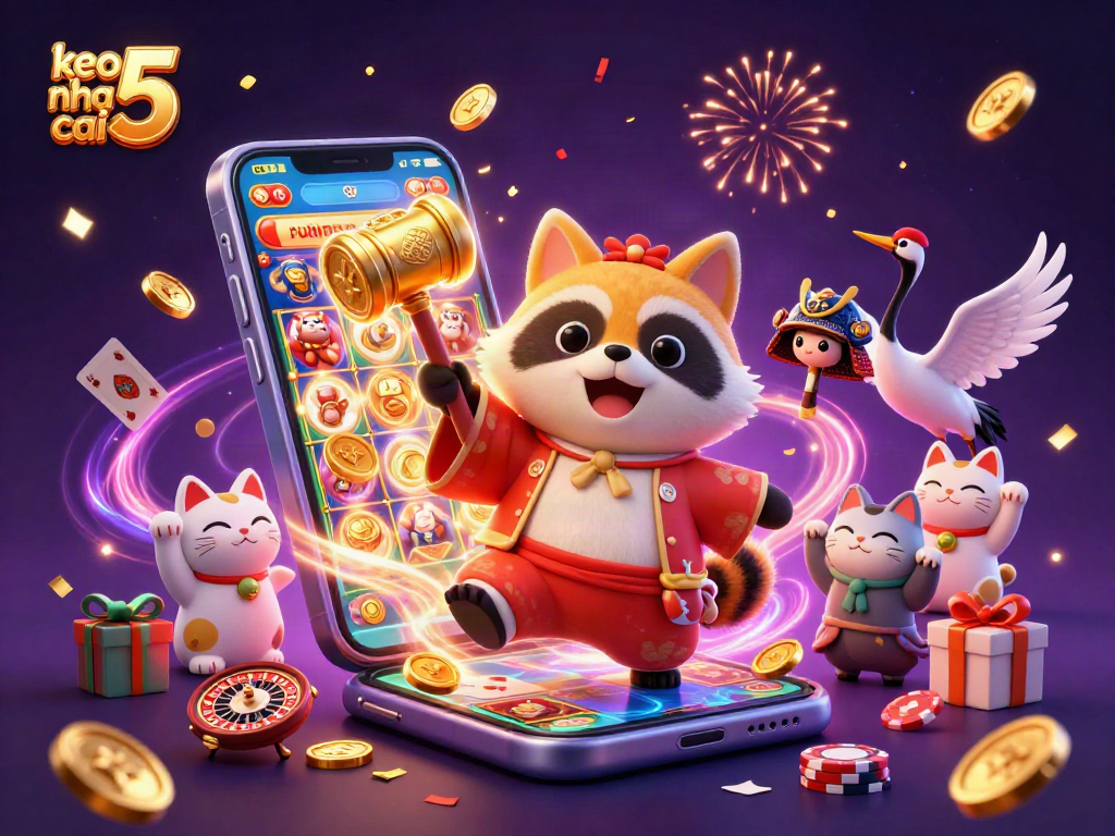 Experience keo nha cai 5 with a cheerful tanuki and samurai crane amidst vibrant casino elements.