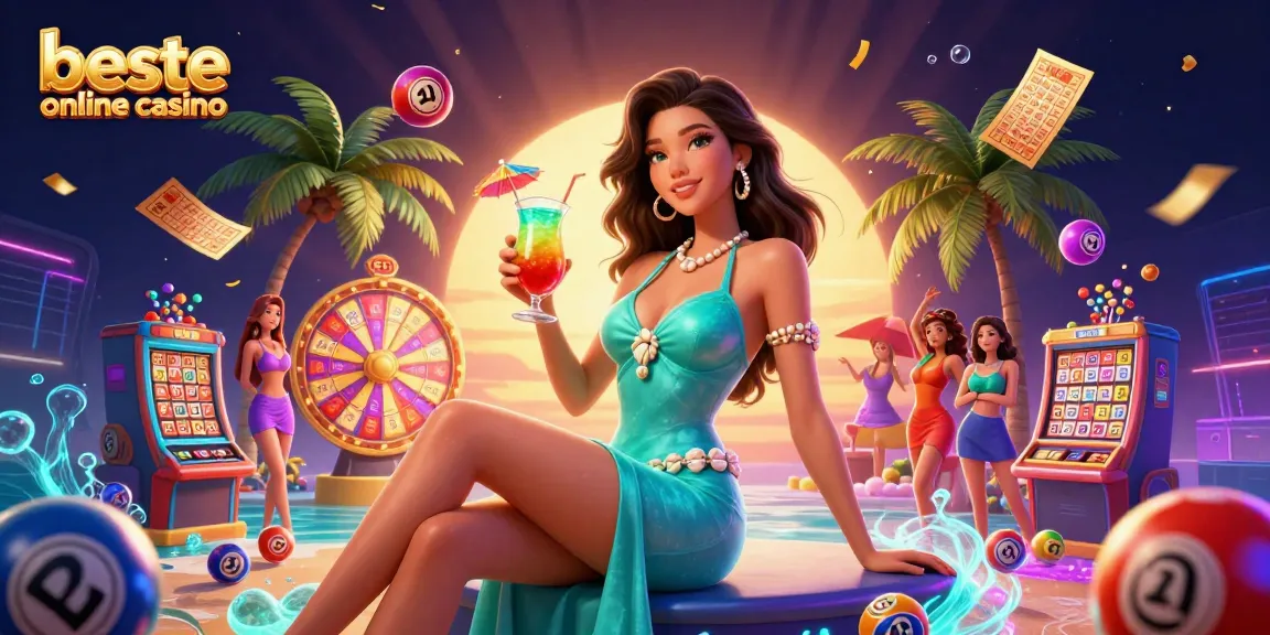 Play games at beste online casino with vibrant scenes, cocktails, and exciting lottery elements.