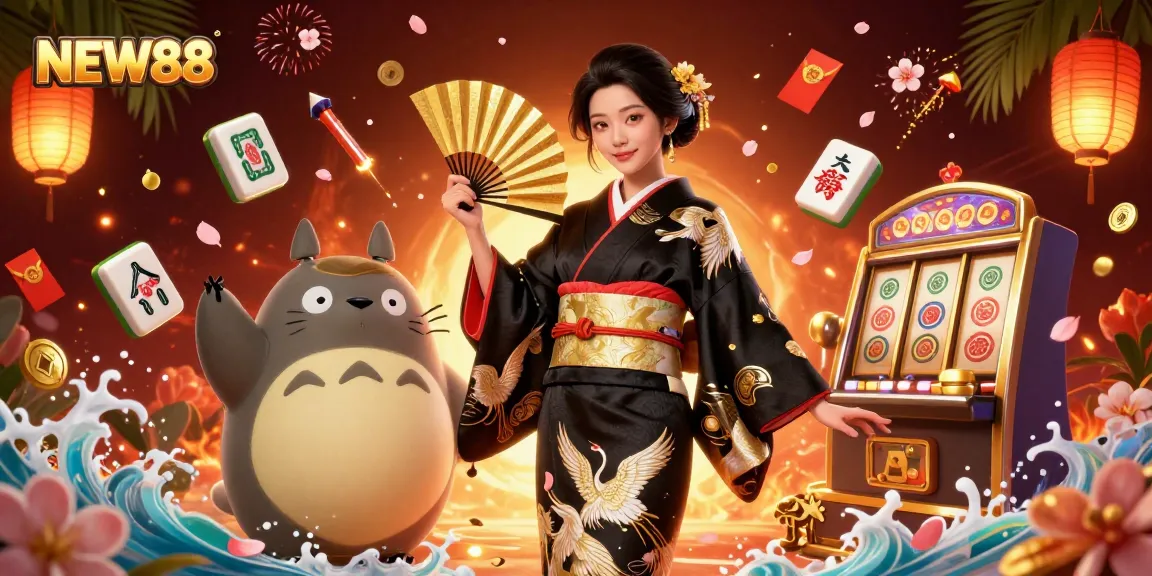 Engage with NEW88's thrilling gaming scene, featuring vibrant elements and characters celebrating wins.