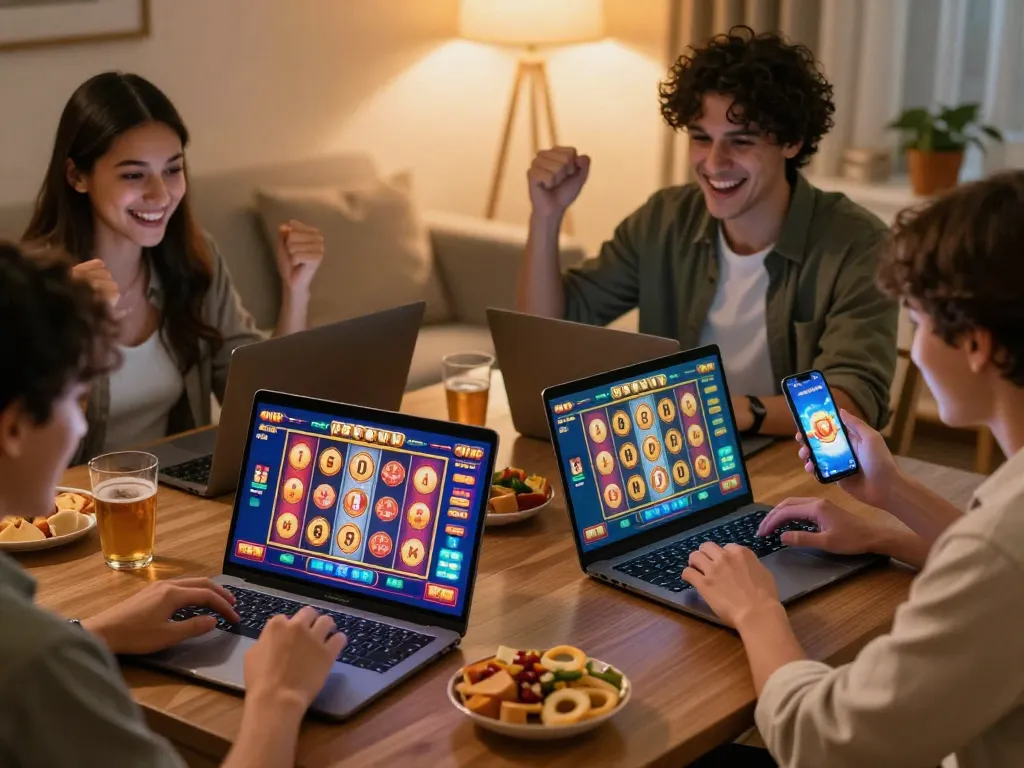 Players celebrating a win on slot depo 5k during online gaming session at home.
