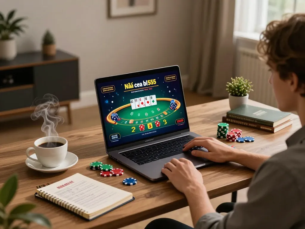 Engaging in online gambling at Nhà cái bl555 while strategizing with game notes and laptop
